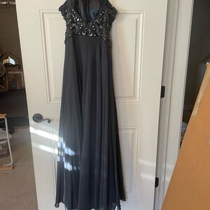Jovani Strapless Charcoal Gown with Sequin Detail